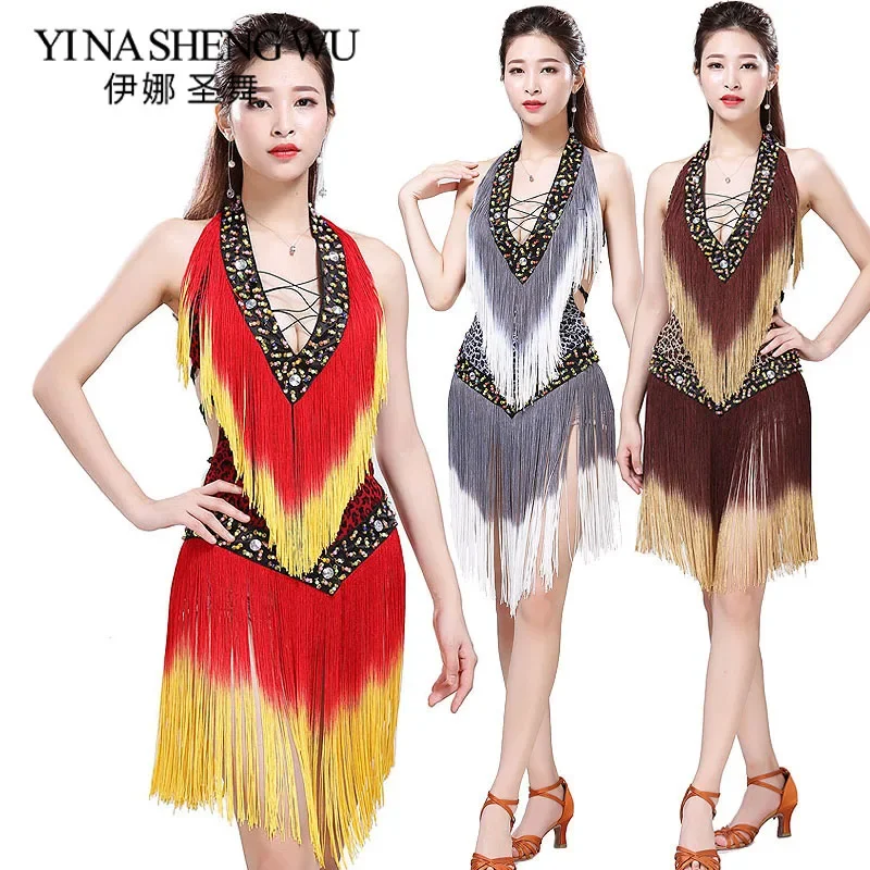 New adult women ballroom dance dress Samba costumes for women sexy leopard print salsa dresses with tassels Latin dress uy212