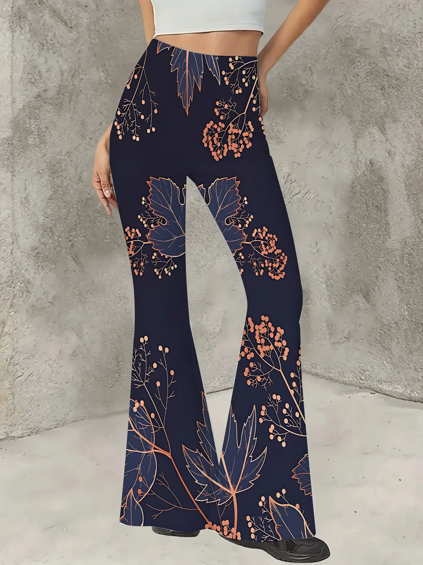 

Korean Style Printed Flare Pants Women High Waist Slim Fit Bell Bottom Leggings
