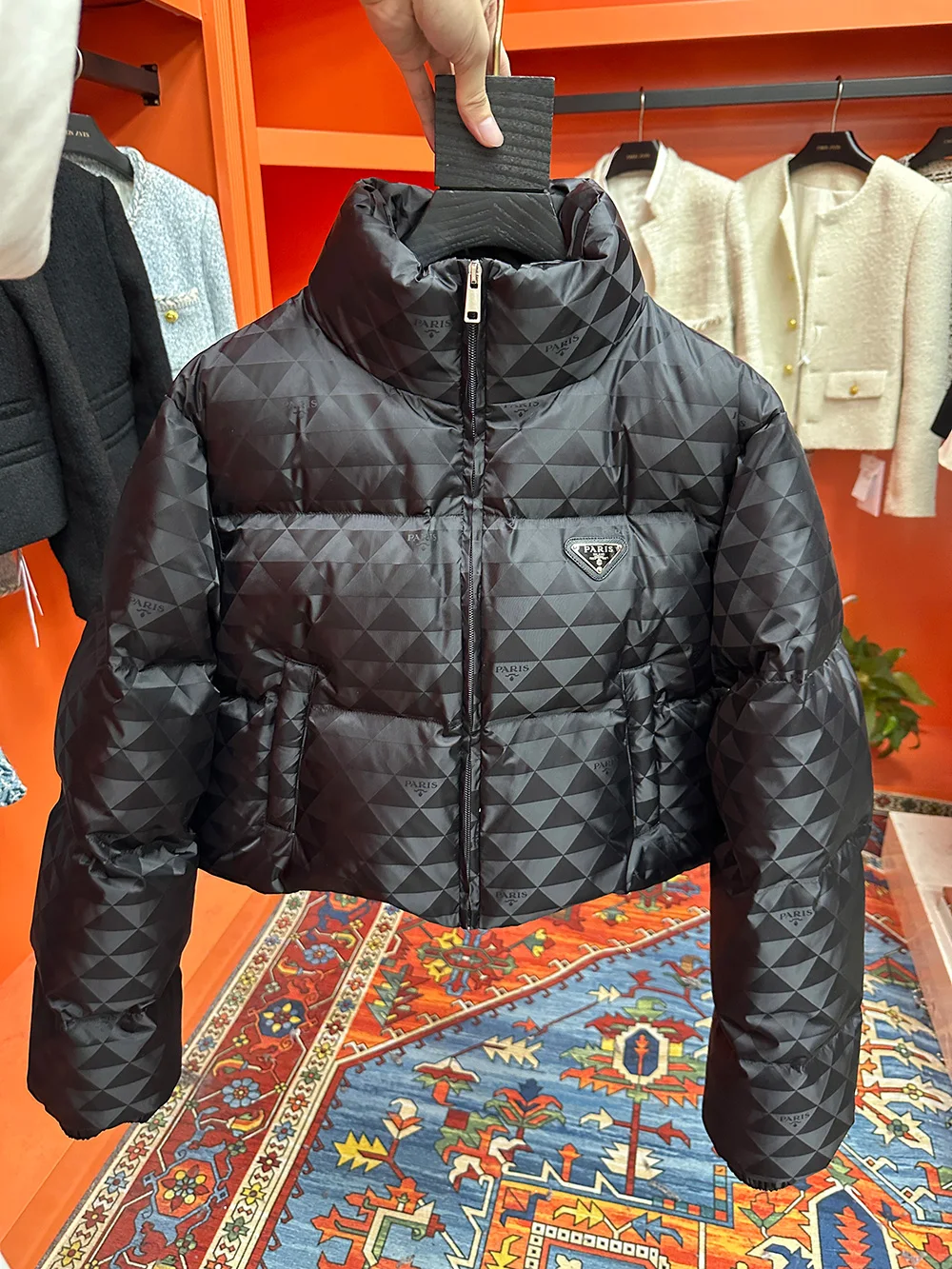 

Classic Recycled Nylon Triangle Pattern Stand Collar Short Down Jacket Solid Color Long Sleeve Zipper Duck Down Thick Warm Coat