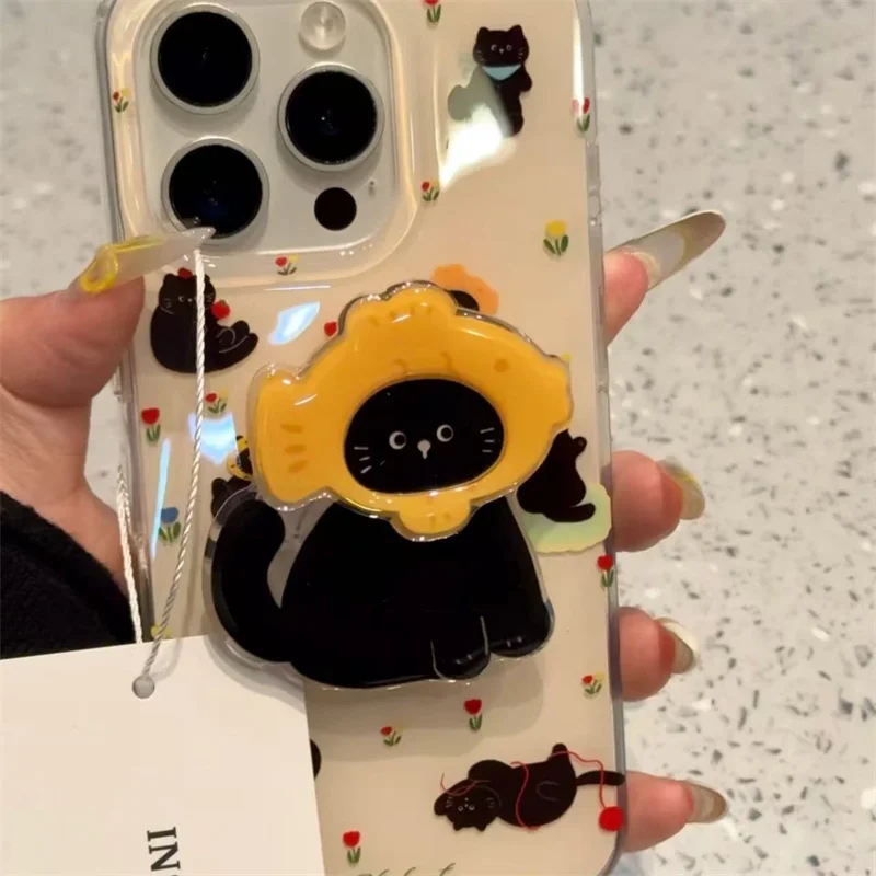Doppellagige, bemalte Handyhülle mit einem niedlichen kleinen schwarzen Kätzchen und einem Kätzchenhalter für iPhone 11 12 13 14 15 16 17 18 Pro Max – Detail 2