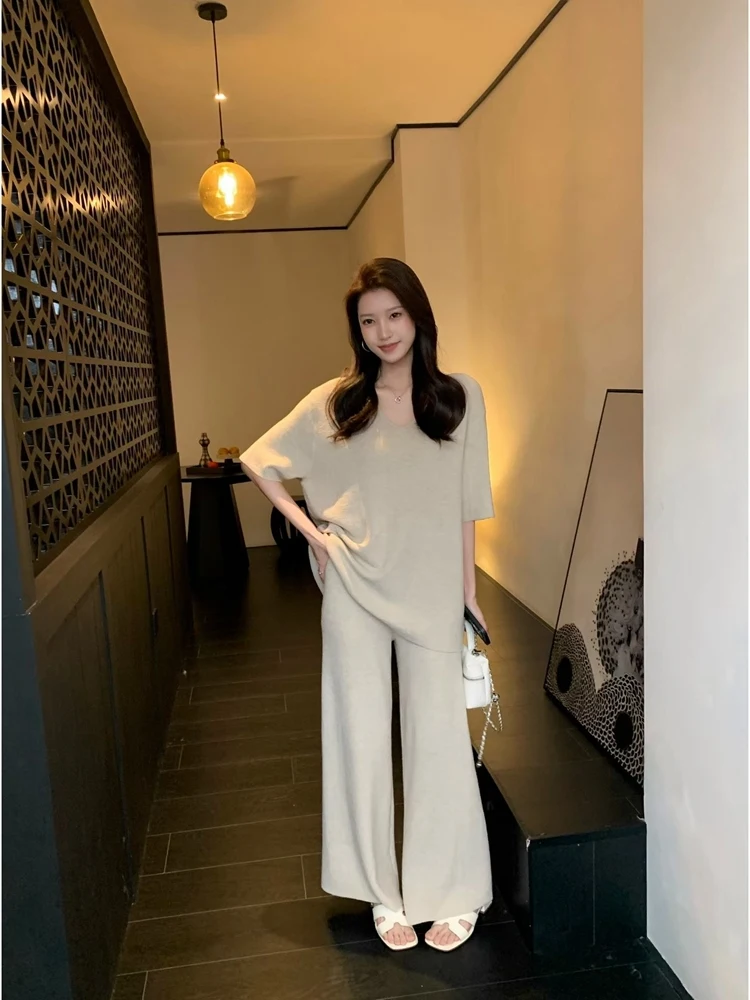 Fashionable Textured Short Sleeve Knitted Set Casual Loose Wide Leg Pants Two Piece Suit Summer New Arrival Elegant Style