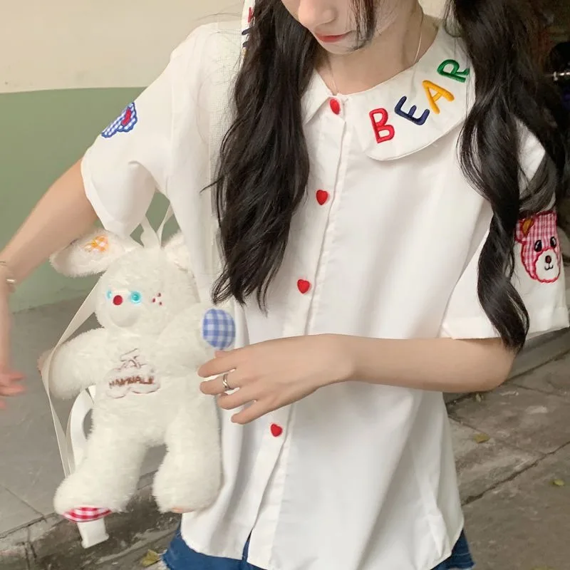 

Japanese Vintage Summer 2024 Patchwork Doll Neck Button Letter Solid Color Fashion Loose Elegant Casual Short Sleeved Shirts