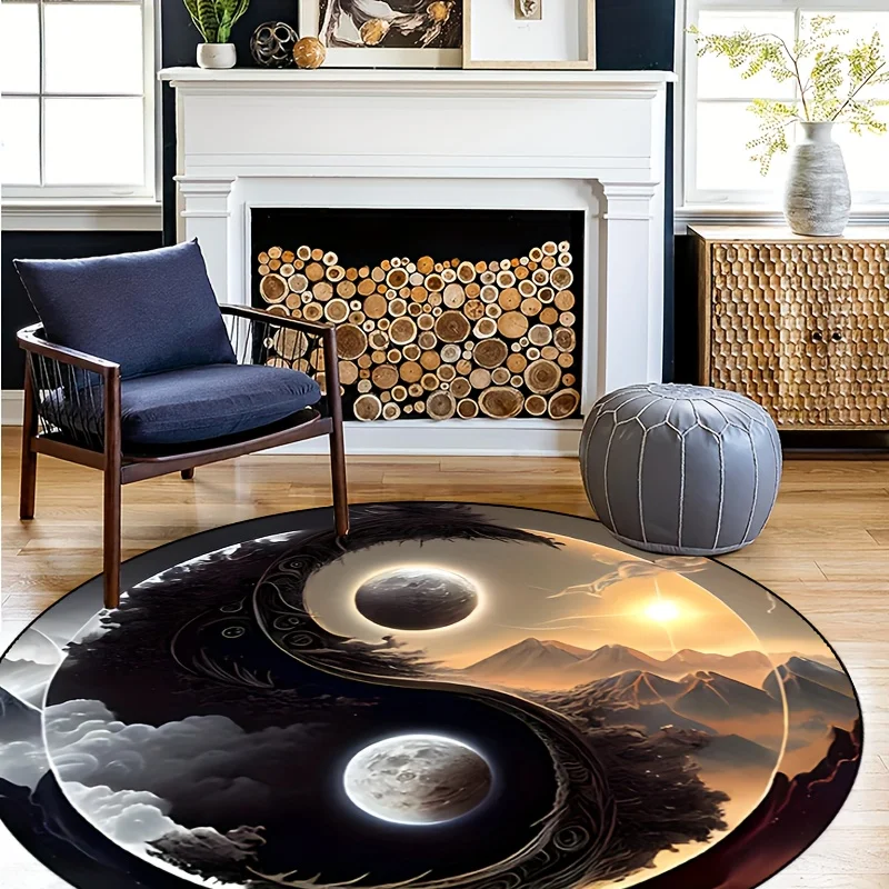 Yin Yang Sun Moon Mountain Rug Round Flannel Balance Harmony Nature Scene Floor Mat for Zen Meditation Space Spiritual Decor - view 4