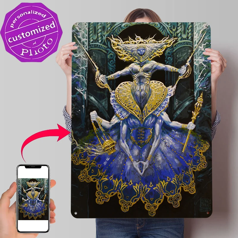 Multi-armed Monster Queen in Blue and Gold Tinplate Poster Customized Wall Art Retro Vintage Metal Signs for Fans Office Decor