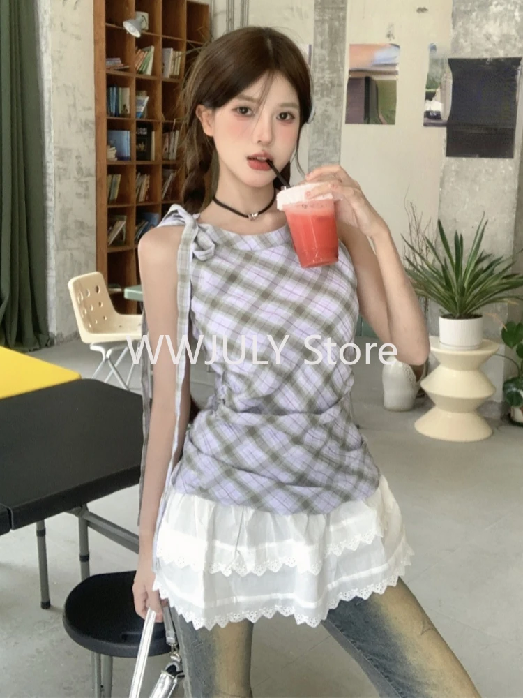 2000s Vintage Plaid Tank Top Women Lace Patchwork Fake Two Pieces Design Y2k Tops Summer Lace Up Collar Cutecore Girl Clothing