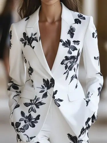 Imagen 1 del producto Elegante blazer de manga larga con estampado floral para mujer: chaqueta elegante con cuello en V y bolsillos, ropa de abrigo elegante