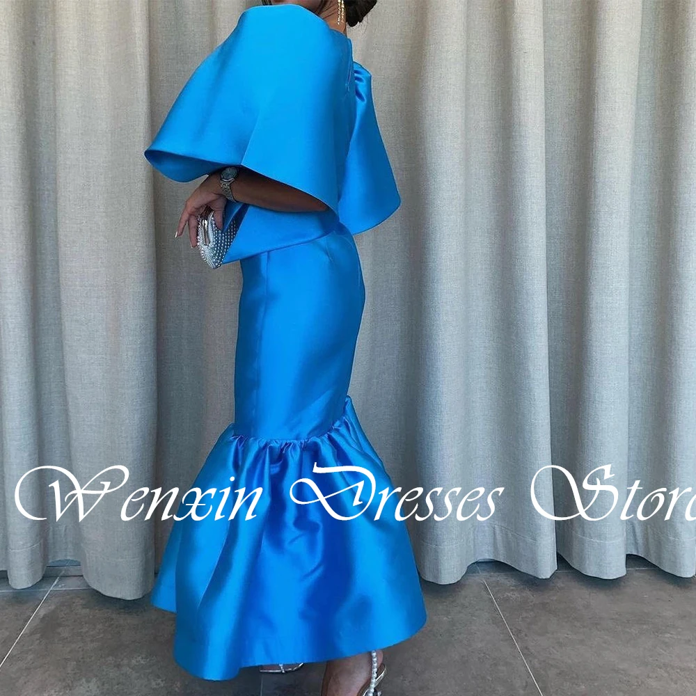 Classic and Formal Solid Blue Color Satin Evening Dresses Pleats 3/4 Sleeves Crew neck Butterfly sleeves Ankle Length Straight