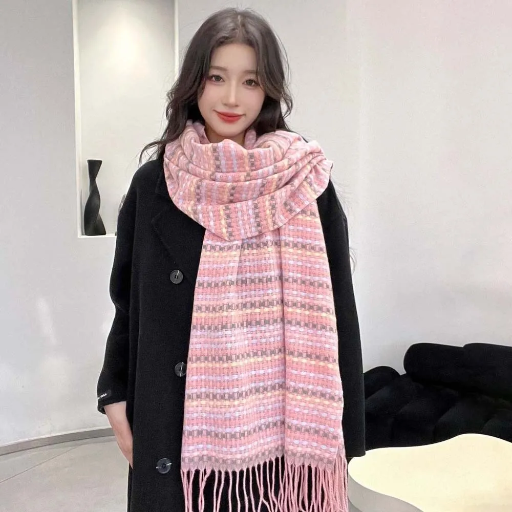 

Soft Dopamine Plaid Scarf Contrast Color Anti-cold Knitted Wool Shawl Korean Style Polyester Long Neckscarf with Tassel Outdoor