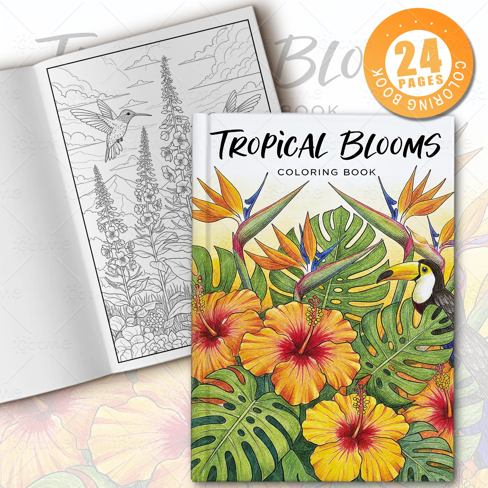 TROPICAL Blooms Coloring Book Relaxing Flower Adult Picture Book Gift For Birthday Party Relieve Stress Kill Time Painting