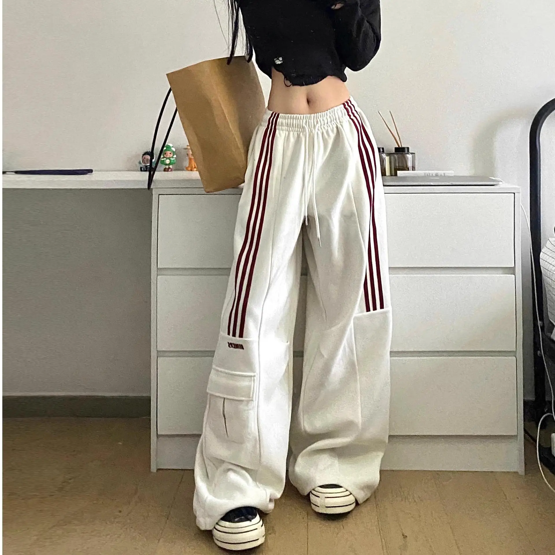 

Y2k Striped Sweatpants Women's Hip Hop High Waist Retro Loose Fit Wide-leg Pants Streetwear Elasticated Casual Large Black Pants