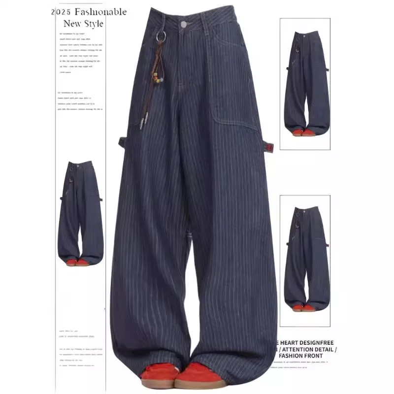 

Blue Men's Loose Fit Workwear Denim Jeans Autumn Winter Wide Leg Pants Striped Big Pockets plus Size Casual Trousers