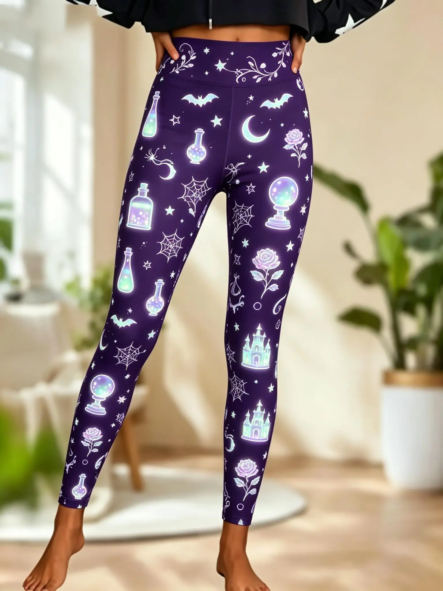 Women Fleece‑lined Mid‑rise Leggings Neon Magic Potion Castle Moon Spider Web Print Slim Stretch Halloween Casual Pants