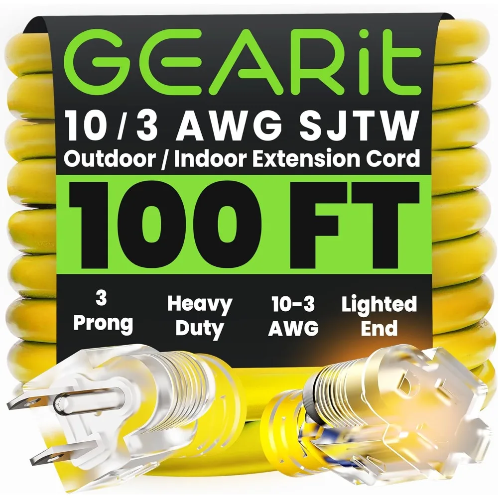 

10 Gauge 3 Prong 100 Foot Extension Cord Heavy Duty Indoor Outdoor SJTW Yellow
