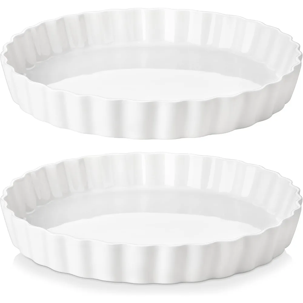 Juego de 2 platos para tartas redondos antiadherentes de 10 pulgadas, bandeja para hornear Quiche de porcelana con borde con volantes para tartas de tarta de manzana