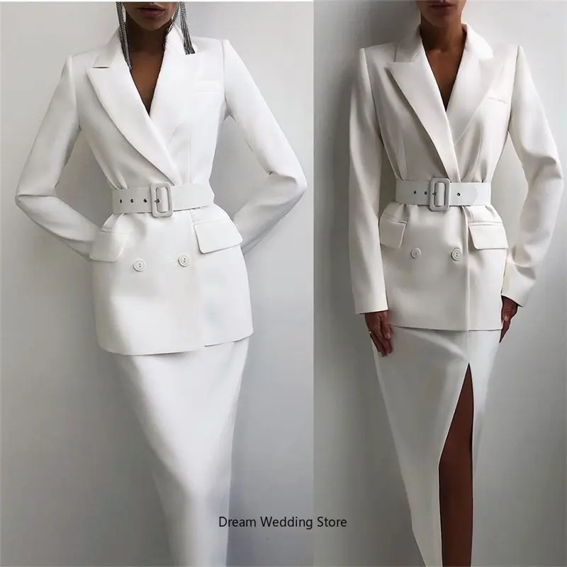 Trajes de oficina para mujer, conjunto de falda, traje de negocios, Blazer hecho a medida con cinturón, chaqueta elegante de 2 piezas + vestido Formal para fiesta de graduación