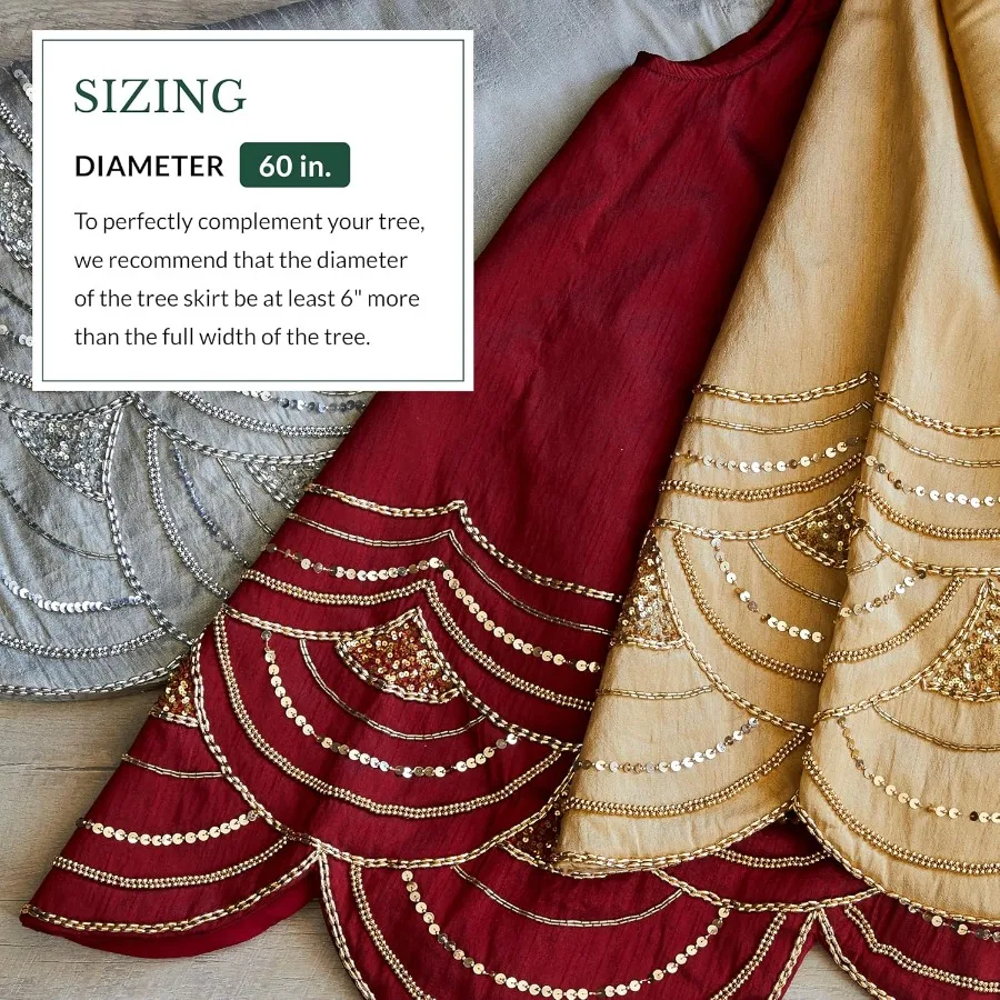 Elizabeth Beaded Christmas Tree Skirt - Cranberry Silver Gold Luxury Tree Skirts with Hand-Applied Beads for Tree Decor Gold 60
