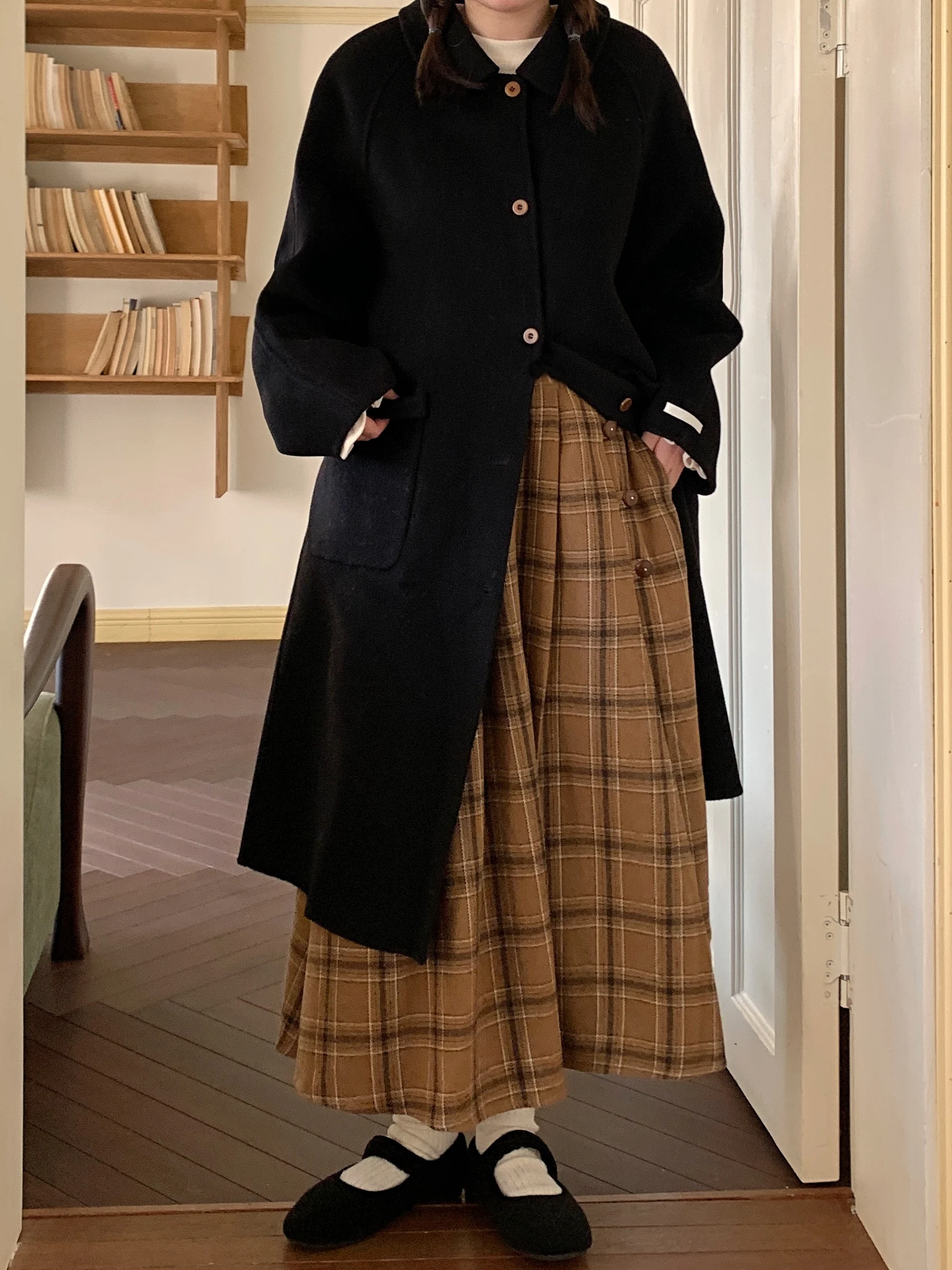 

JOENG Retro Japanese Sle Yellow Plaid A-Line Skirt High Waist Buttoned Pleated Mid-Length Wool Casual Skirt