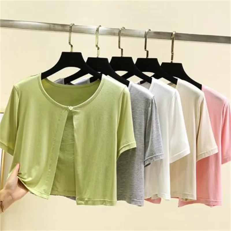 Lightweight Modal Short Sleeve Open Cardigan Knitted Top Loose Ladies Clothing Summer Outerwear Ladies Coat