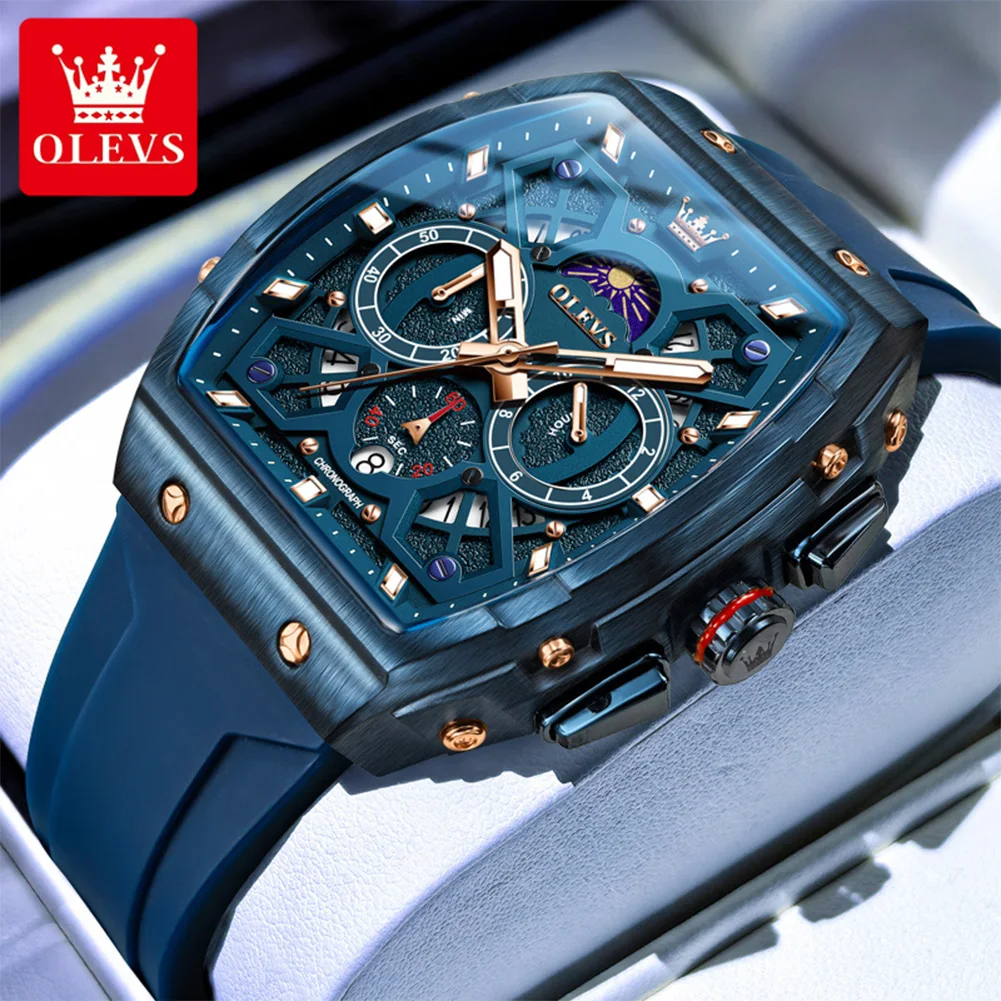 

OLEVS 2942, мужские часы, лучший бренд, роскошные кварцевые часы, элитные часы Tonneau с большим циферблатом, полые часы, водонепроницаемые мужские часы с фазой Луны