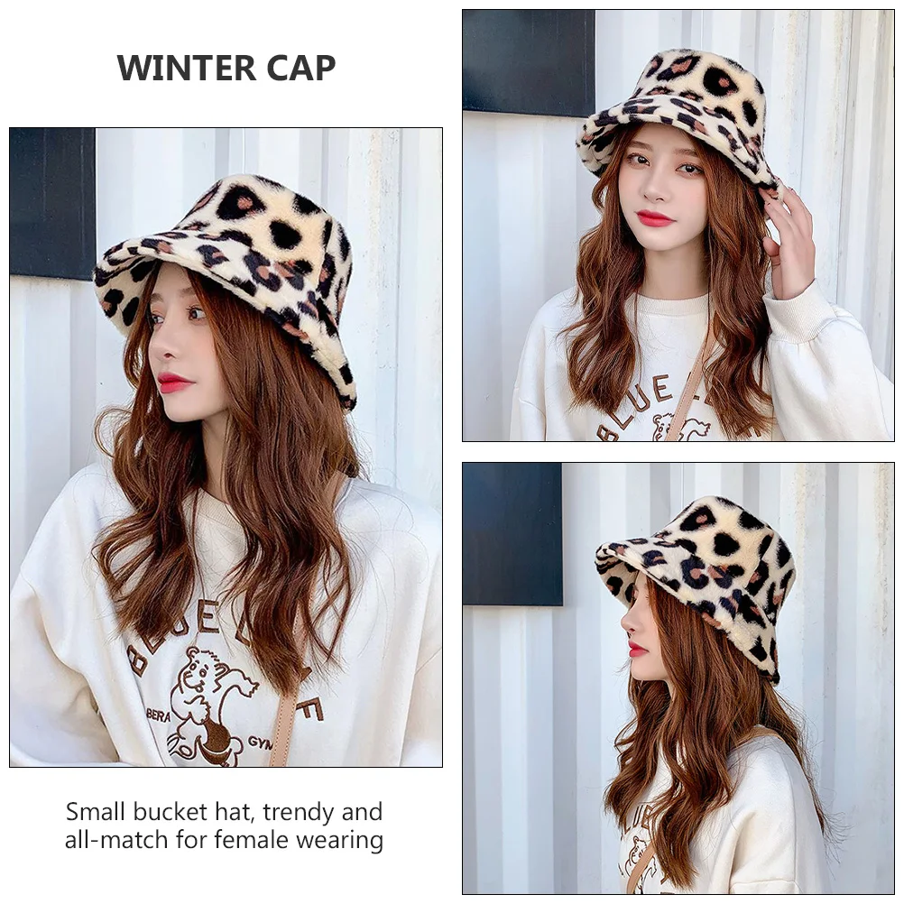 

Fisherman Hat Leopard Print Women'S Winter Bucket Cap Warm Windproof Sunshade Trendy All-Match Small Face Fit For Autumn Winter