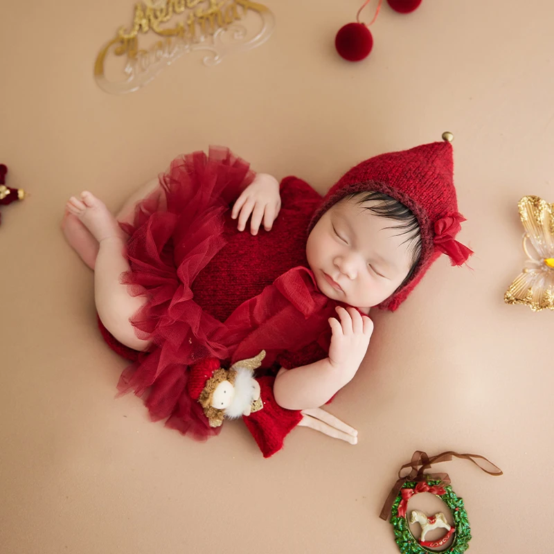 0-1 Month Newborn Elf Christmas Photography Props Red Hand Knitted Tutu Romper Hat Baby Girl Studio Milestone  Photo Costume
