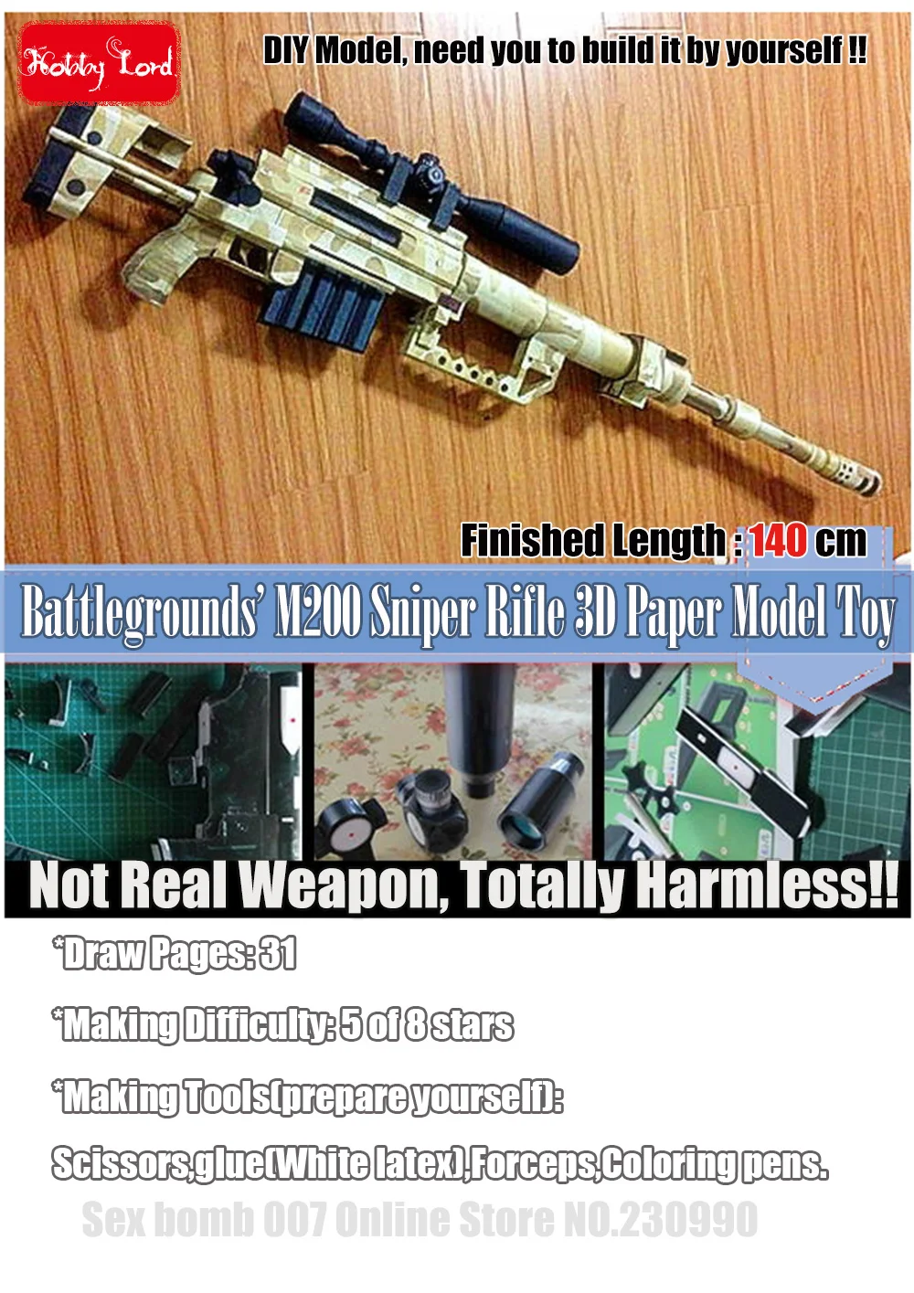 CheyTac Intervention M-200 Sniper Rifle Scaled 3D Paper Model Cosplay Kits Kid Adults\' Gun Weapons Paper Models Handmade Toys