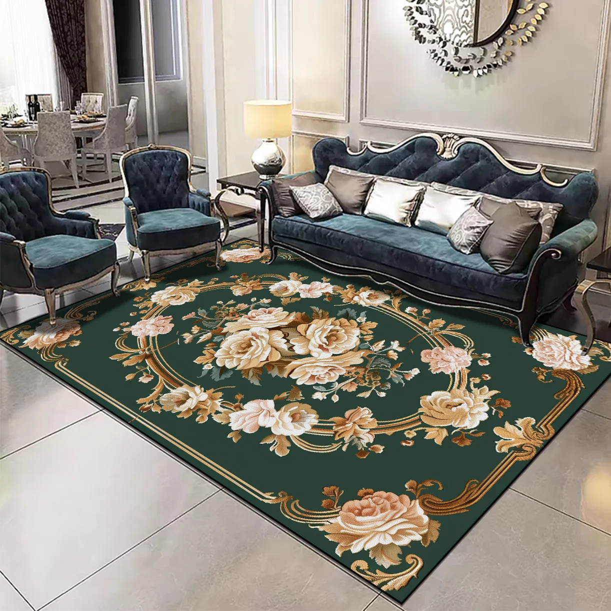 

European Style Green Carpet for Living Room Flower Pattern Decor Home Washable Rugs Lounge Big Size Soft Floor Mats Customizable