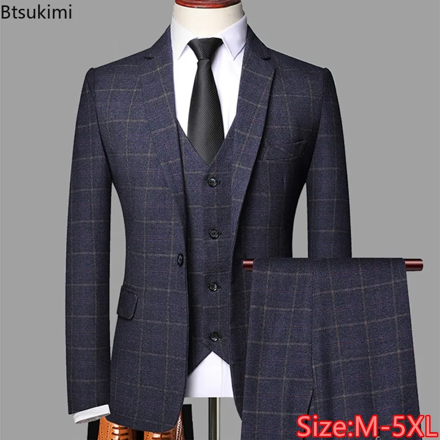 2024 New Men\'s Three-pieces Fashion Plaid Slim Business Party Formal Elegant Blazer Sets (Jacket+Pants+Vest) Prom Wedding Groom