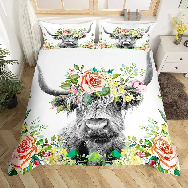 Highland Cattle Duvet Cover Set Cute Floral Cow Twin Bedding Set Yellow Sunflower Comforter Cover Animal Polyester Quilt Cover