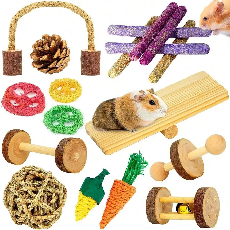 18pcs Wooden Chew Toys For Hamster Guinea Pig Rabbit Chinchilla Gerbil Rat Teeth Grinding Exercise