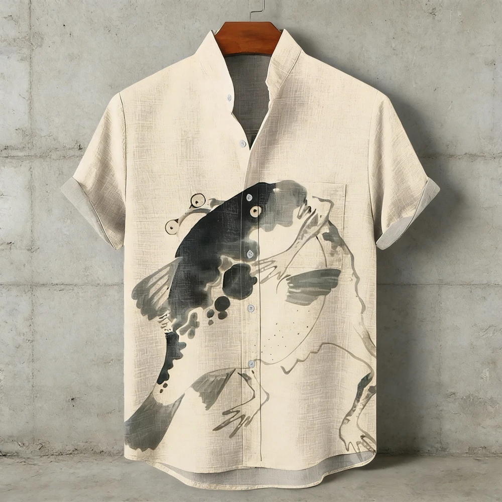 

Men's ethnic style linen short-sleeved shirt octopus octopus HD printed shirt Hawaii vacation business designer men's clothing