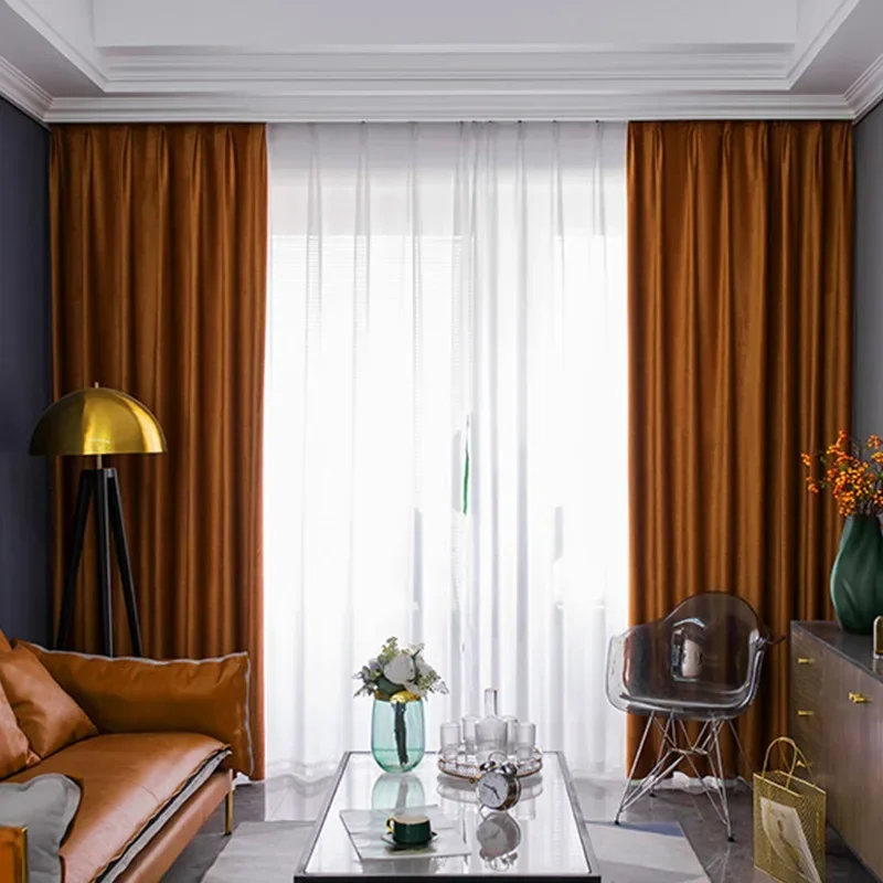 Blackout Velvet Curtains Caramel Orange Series Light Luxury Curtains High Quality Natural Drape Thickened Solid Velvet Curtains
