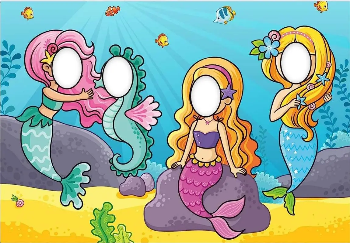 Cartoon Mermaid Face Pretend Play Game Banner Backdrop Under Sea Fish Background Birthday Party Decorations Photo Booth Props