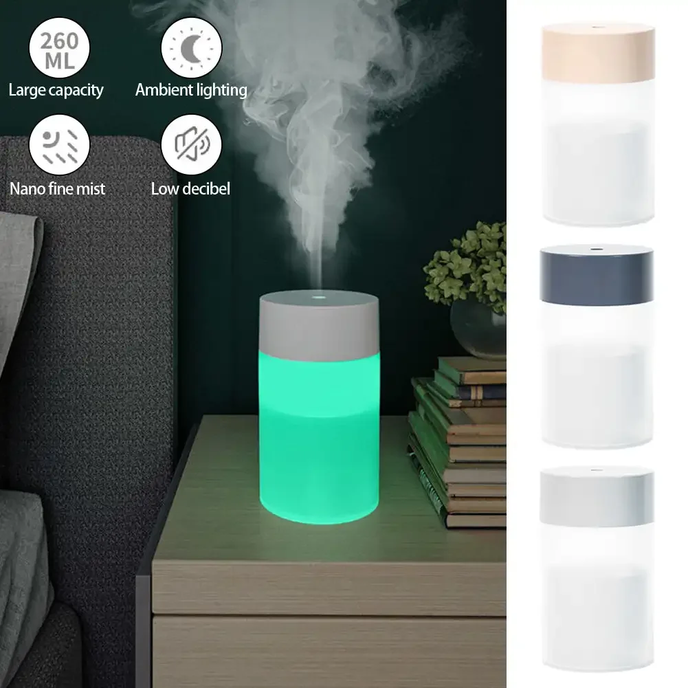 Mini humidificador de 260ML, humidificador de aire ultrasónico USB, lámpara LED, difusor de aceites esenciales, purificador de coche, generador de niebla de aniones aromáticos portátil