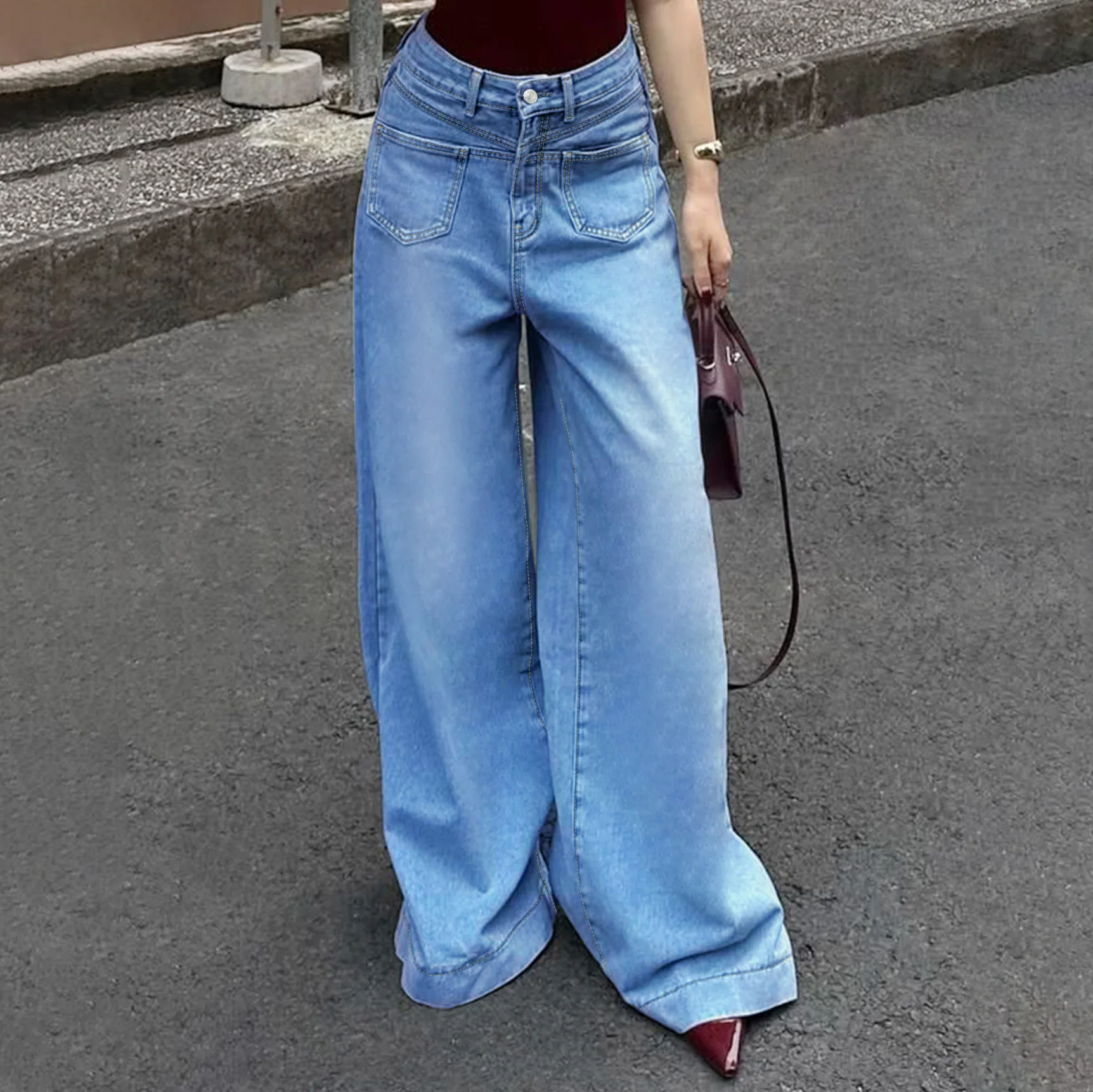 

Женские джинсы в уличном стиле с высокой талией, широкими штанинами, повседневные прямые свободные длинные брюки, с низкой посадкой, с эффектом потертости, декоративные