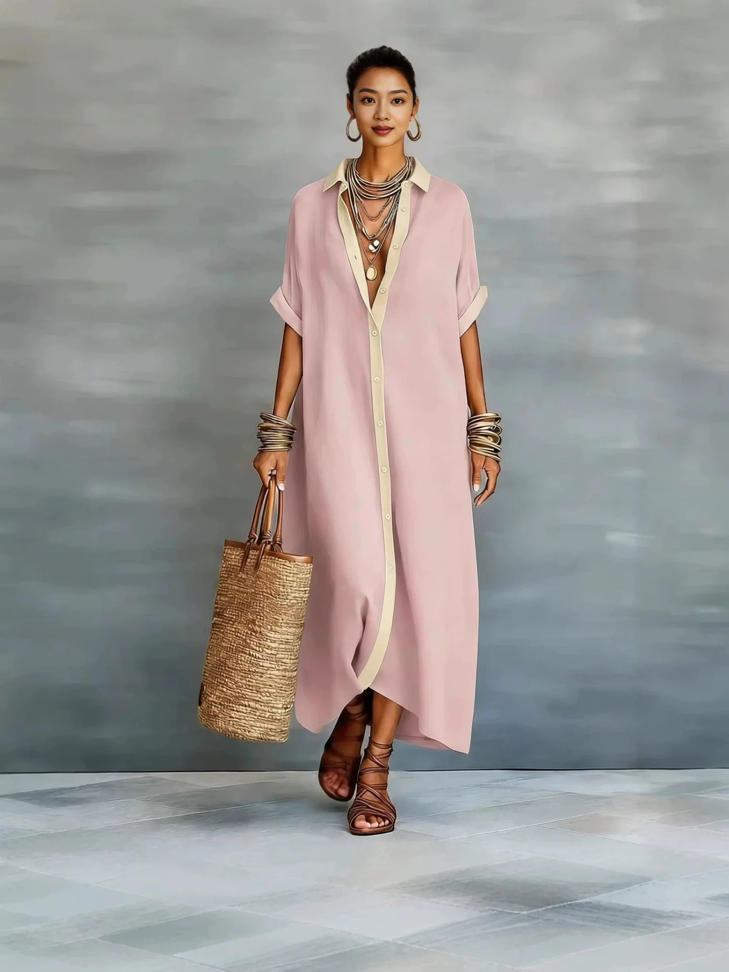Color Block Trim Linen Cotton Long Shirt Dress, Loose Collared Open-Front Casual Maxi Dress