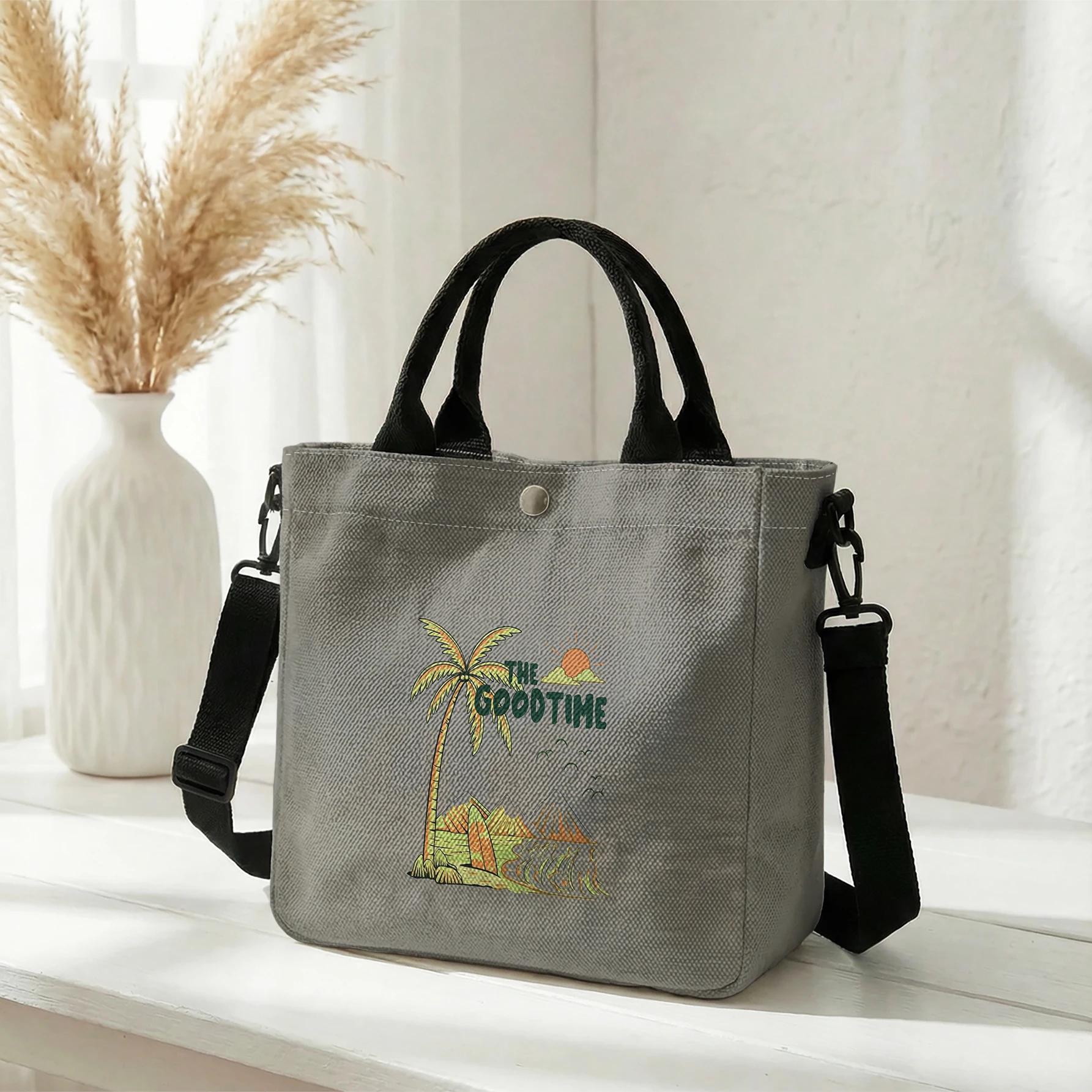 Tropical Palm Tree Sunset Print Tote Bag, Detachable Strap Crossbody Handbag For Daily Work Shopping