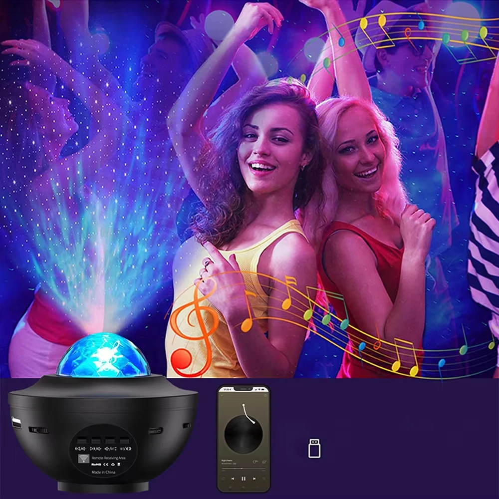 LED Starry Sky Projector USB Night Light Remote Control Switch Music Player Ocean Wave Galaxy Ambient Light Kids Birthday Gift