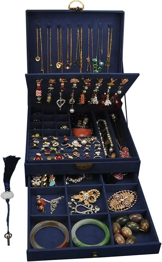 

Women Jewelry Box Lockable 3 Layers Large Jewelry Organizer Storage Case for Earrings Necklaces Rings Bracelets,Green Di