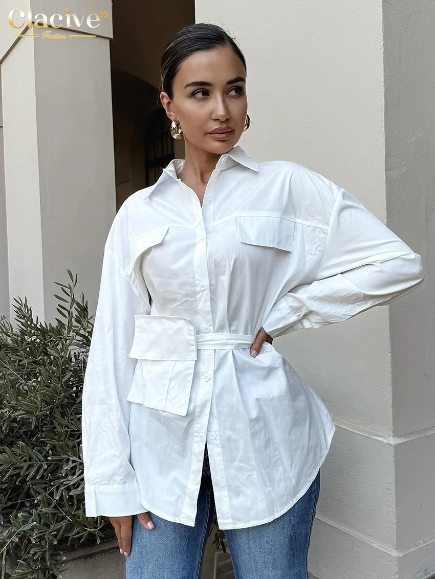 

Clacive модная свободная белая хлопковая женская рубашка 2025 повседневные рубашки и блузки с лацканами и длинными рукавами элегантный классический женский топ с карманами