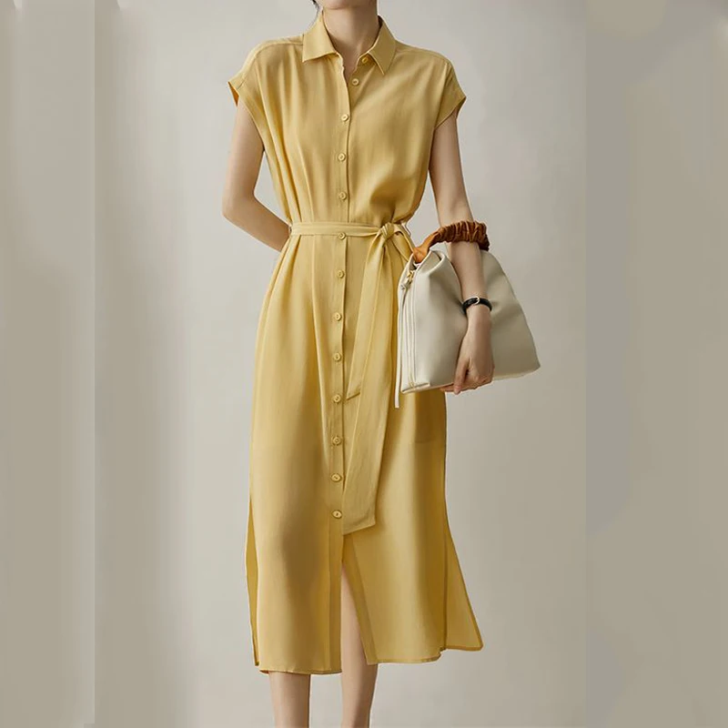 2022 Summer Lapel Women Single-breasted Shirt Dress Lace Up Korean Fashion Commuter Short Sleeve Office Lady Solid Midi Dresses