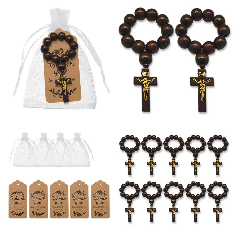 

Wooden Rosary Bracelet with Crucifix Charm, Catholic Jewelry with Organza Bag&Thank You Tag, Christian Gift for Devotion&Baptism