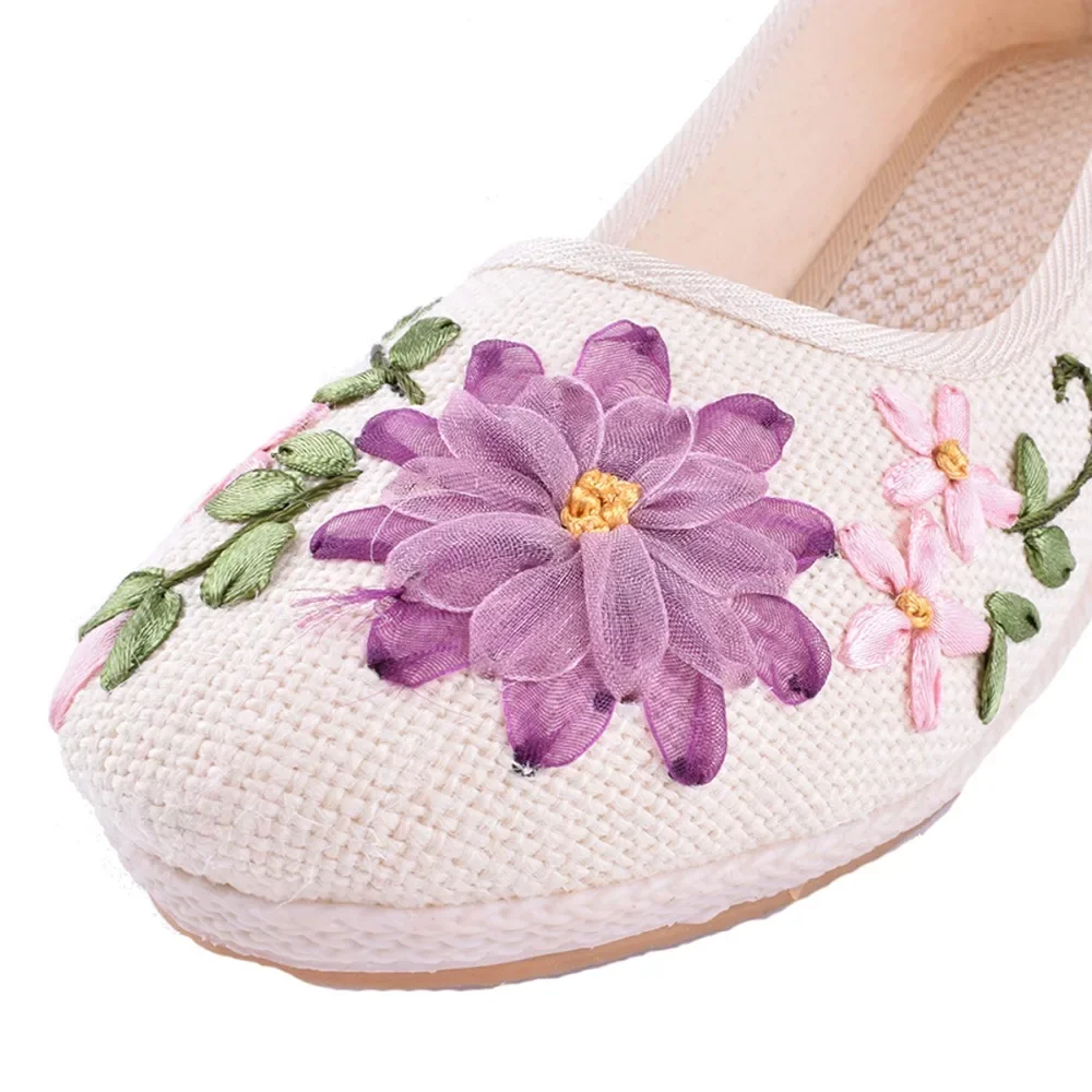 CEYANEAO Embroidered Women Shoes Ethnic Natural Linen Shoes Slope Heel Retro Cloth Canvas Soft-soled Dance Single ShoesE1360