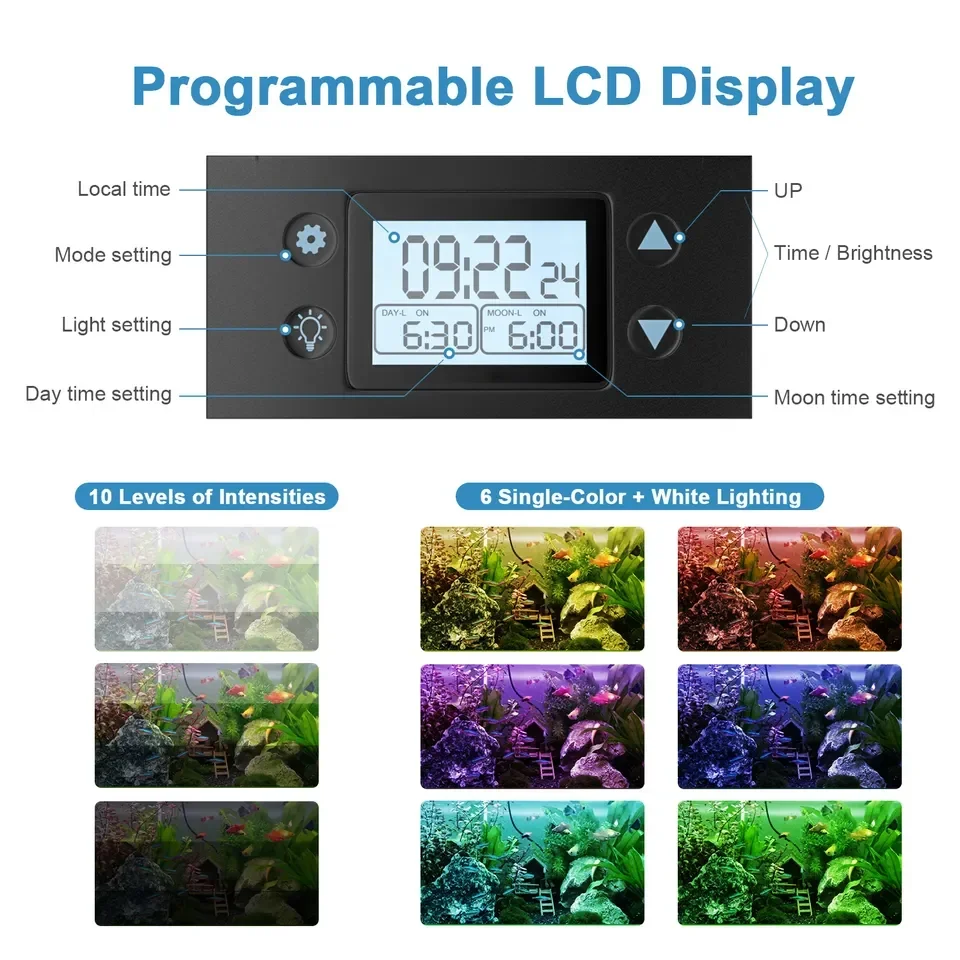 5 Feet 3 Feet Smart Auto On Off LCD WRGB Full Spectrum Led Grow Light Led Planted Aquarium Lights For Fish Tank