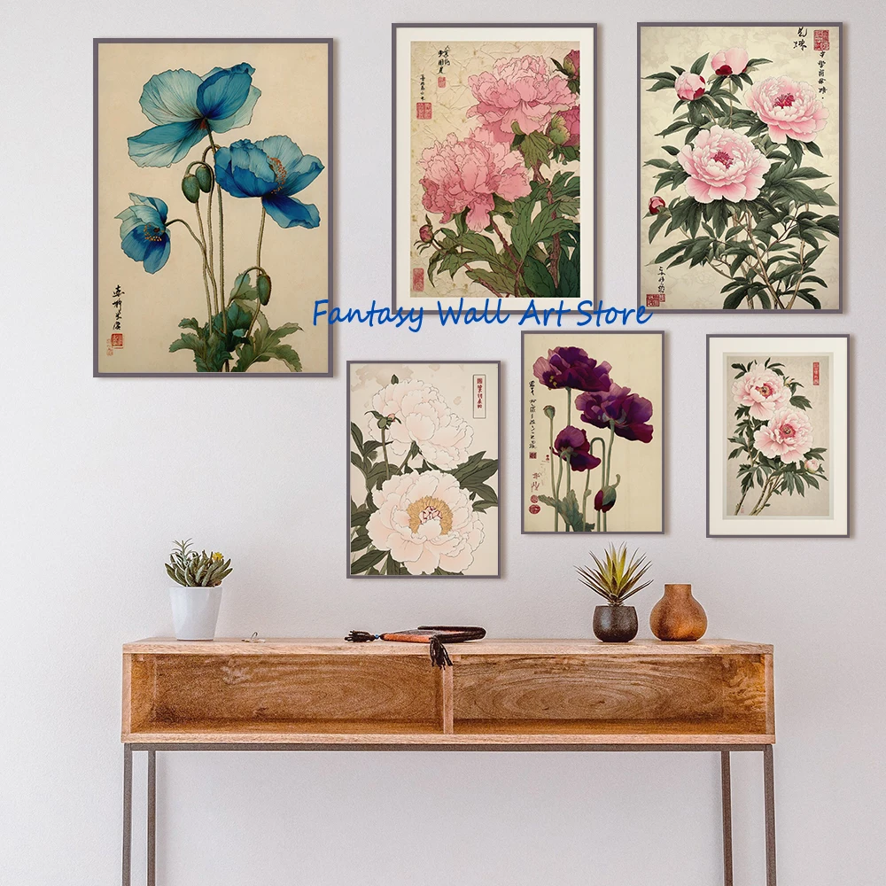 Pink Peony Blue Poppies Japanese Woodblock Style Botanical Painting Poster Vintage Wall Art Japandi Decor Canvas Prints Pictures