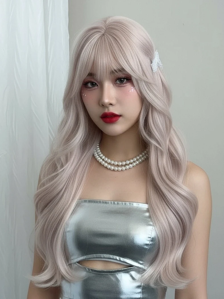 

Розовый длинный волнистый синтетический парик, пушистый женский термостойкий парик с челкой для повседневной вечеринки, косплей Лолиты