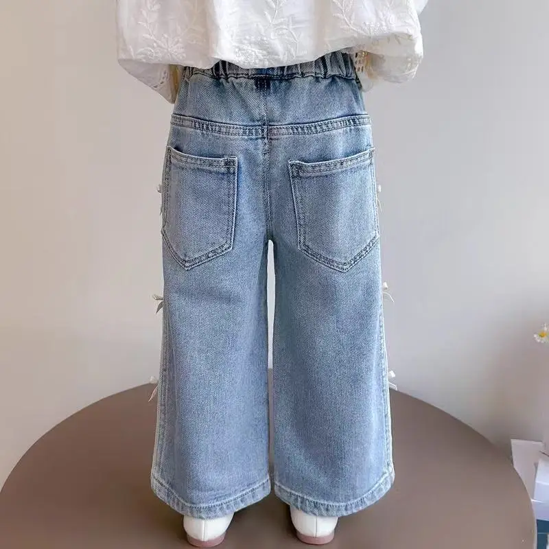 New Children's Straight Wide-leg TrousersBaby Girls Bow Jeans Kids Spring Autumn Loose long Pants Toddler Casual Clothing