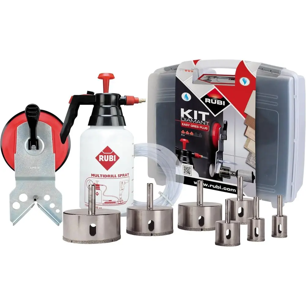 

Complete Diamond Drill Bit Set with Multi-Drill Guide, Water Tank, and 7 Precision Bits for Tiles, Marble, Granite, and Glass