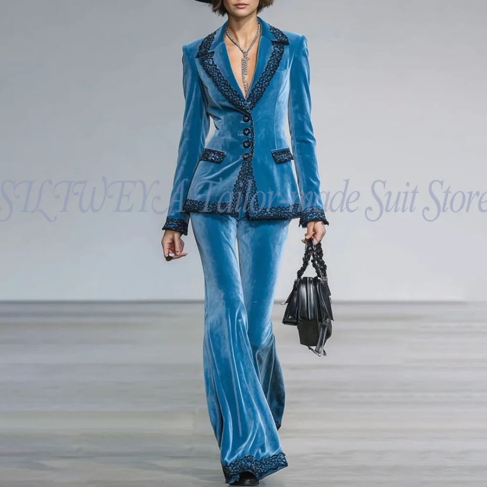 

Elegant Female Suit 2 Pieces Jacket Pants Luxury Velvet Lace Applique Blazer Set High Quality Boutique Conjuntos De Mujer
