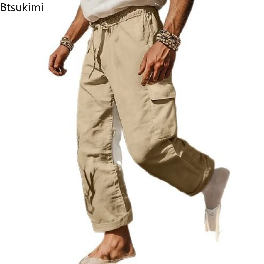 New Men's Cargo Pants Retro Cotton Linen Casual Pants Spring Summer Breathable Thin Loose Beach Pants Men Sport Joggers Trousers